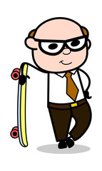 Standing with Skateboard - Retro Cartoon Father Old Boss Vector Illustration
