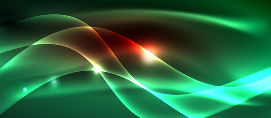 Glowing abstract wave on dark, shiny motion, magic space light. Techno abstract background