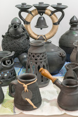 Clay dishes. Ceramic national Ukrainian dishes made in the Poltava region in the village of...