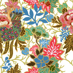 vintage seamless pattern gold outline with exotic traditional floral peacock bird pattern watercolor gouache