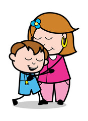 Mother Hugging Her Son - Retro Cartoon Female Housewife Mom Vector Illustration
