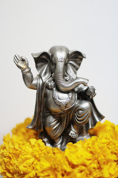 Ganesha god is the Lord of Success God of Hinduism on Marigold flowers Isolated on white background.
