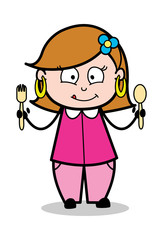 Showing Spoons - Retro Cartoon Female Housewife Mom Vector Illustration