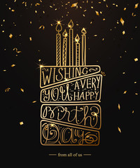 Happy Birthday greeting card design with gold lettering text and confetti. Vector birthday cake with candles on black background