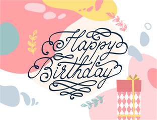 Happy Birthday card with lettering text. Gift box on colorful background. Vector illustration