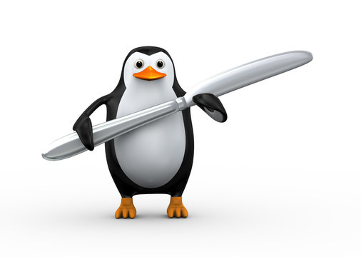 3d penguin holding large table knife