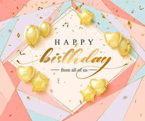Happy Birthday celebration typography design for greeting card, poster or banner with realistic golden balloons and falling confetti. Vector illustration