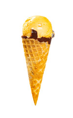 mango and chocolate flavor ice cream cone on white with clipping path