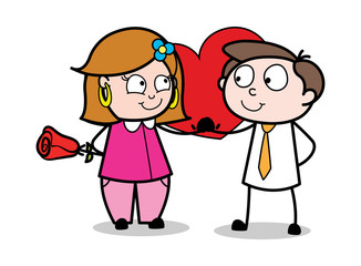 Valentine Lover Presenting Each Other - Retro Cartoon Female Housewife Mom Vector Illustration