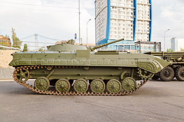 fighting Soviet tank, housing complex Volga sails. A look with a side