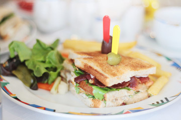 Sandwich with meet, bacon, cheese, French Fries, salad, vegetables, lettuce on a fresh sliced bread on white plate.