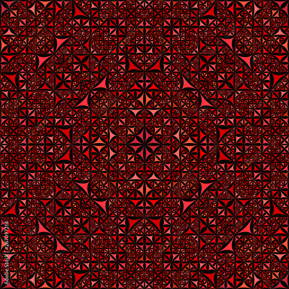 Poster Red repeating kaleidoscope pattern background - abstract symmetrical vector wallpaper illustration with curved triangles