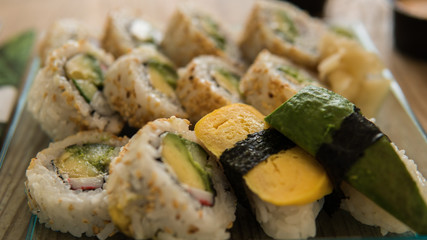 Asian food, sushi rolls on a table