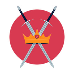Crown with a precious stone and crossed swords. Graphic elements for the logo. Vector illustration