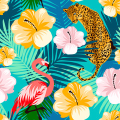 Floral jungle flamingo, leopard seamless pattern.  Animal print pattern with colorful  tropical leaves and flowers in turquoise background.