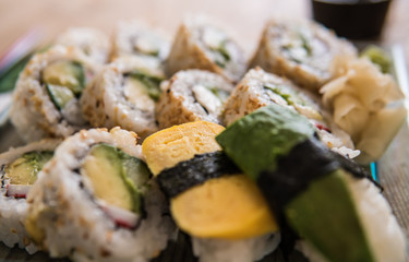 Asian food, sushi rolls on a table