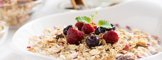 Healthy Breakfast Muesli With Milk, Chia Seeds, Berries and Cinnamon. Sunny Morning.