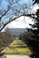 Gardens of the Campo del Moro, Madrid, Spain. View of the Royal Palace.