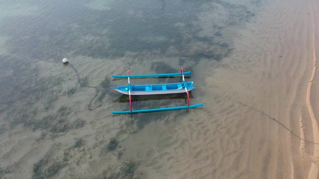 Aerial view from Karang Beach Sanur Bali with beautiful white sand and traditional Balinese boats