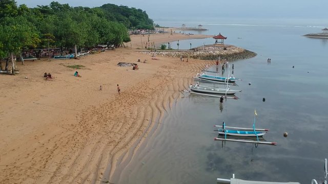 Aerial view from Karang Beach Sanur Bali with beautiful white sand and traditional Balinese boats