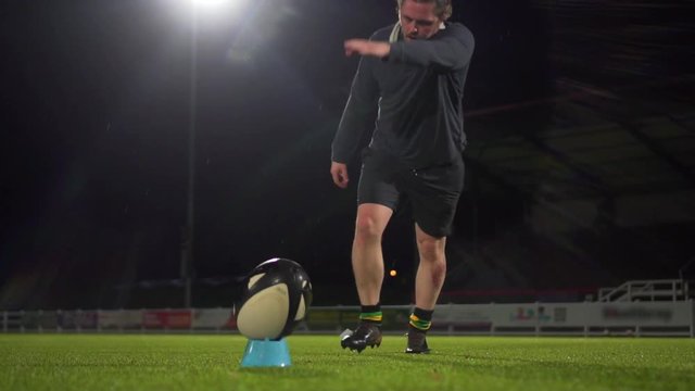 Cinematic Rugby Penalty Kick, Slow Motion In Stadium At Night.
