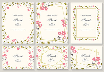 Flower vector card. Template. Thank you. Blank wedding invitation, greeting card, banner. Flowers, leafs, pink rose. Decorative frame. Set.