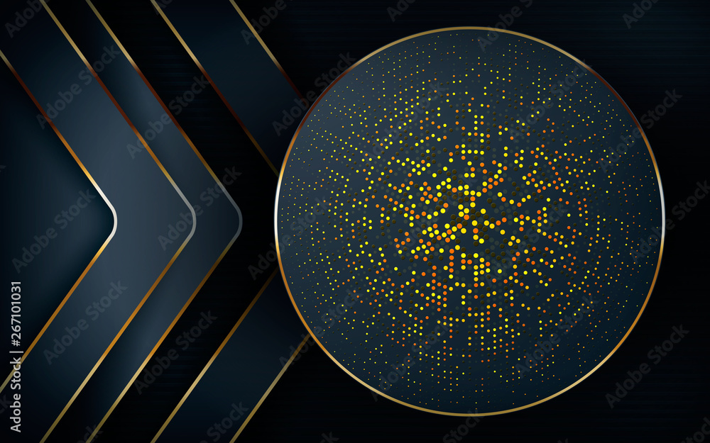 Poster dark overlap layers abstract background. modern shape with light golden line, silver glitters and go