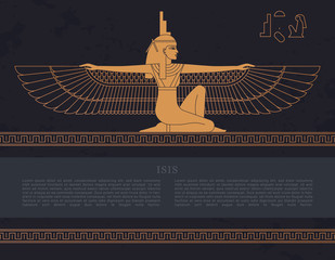 Vector design template Egyptian fertility goddess Isis isolated on the hand-drawn background from Egyptian pyramids, a symbol of femininity and marital fidelity, goddess of navigation. - obrazy, fototapety, plakaty