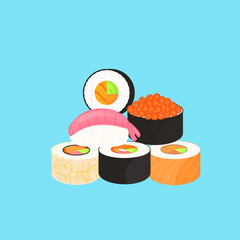 Sushi Set. Rolls with caviar of red fish, nigiri with shrimp. Traditional japanese food.