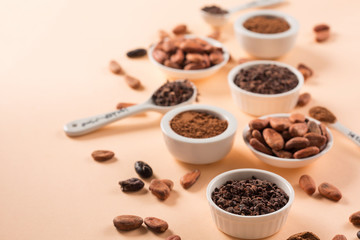 Natural cocoa beans, cocoa nibs and cocoa powder