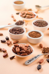 Natural cocoa beans, cocoa nibs and cocoa powder