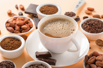 Natural cocoa beans and hot chocolate