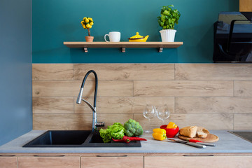 Fresh vegetables for salad on a kitchen table. Natural organic healthy food