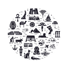 Fototapeta premium Monochrome circular design pattern of filled icons on the theme of sights and symbols of Egypt. Sights and symbols of Egypt in flat style isolated in white background.