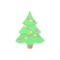 Cartoon Christmas tree paper cut. New Year, Xmas tree Scrapbook sign for holiday card, seasonal landscape, web, banner, poster, branding, cover.