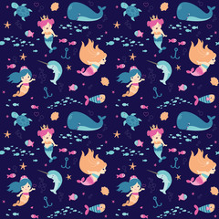 Cute Little Fantasy Underwater Mermaids Seamless Pattern Flat Vector Illustration © Kristina Jovanovic
