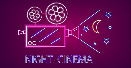 Cinema camera neon symbols Vector. Glowing sign dark background. Shinning billboard templates