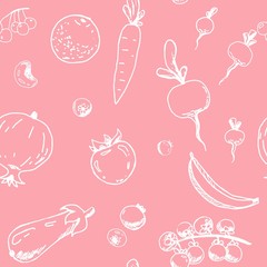 Vegan background design. Seamless pattern. Plants and food