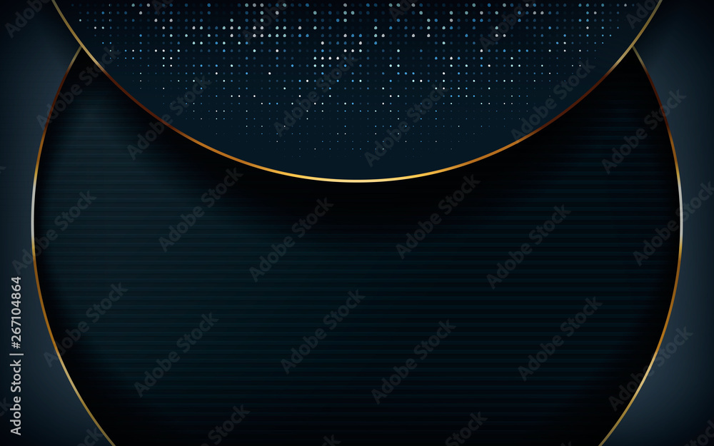 Poster dark overlap layers abstract background. modern shape with light golden line, silver glitters and go