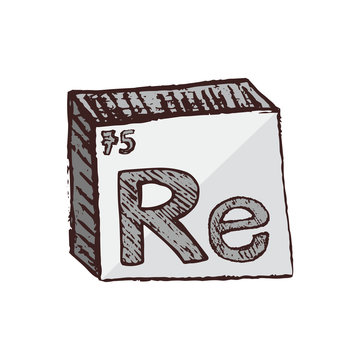 recommend clip art: Vector three-dimensional hand drawn chemical silver-gray symbol of rare metal rhenium with an abbreviation Re from the periodic table of the elements isolated on a white background.
