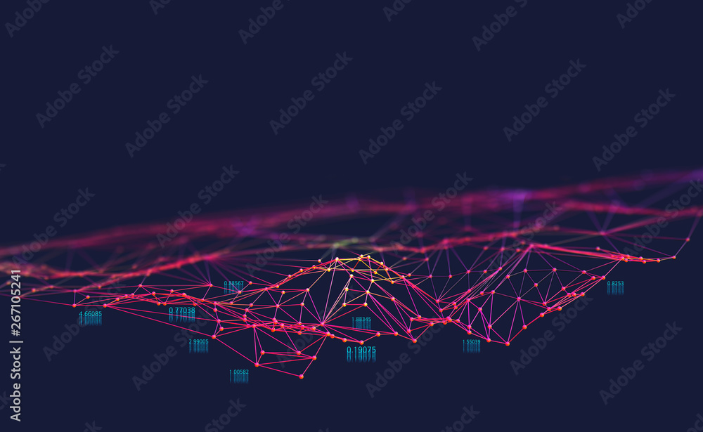 Poster Big data. Neural network and artificial intelligence 3D illustration. Polygonal mesh with shallow depth of field effect on a dark background.