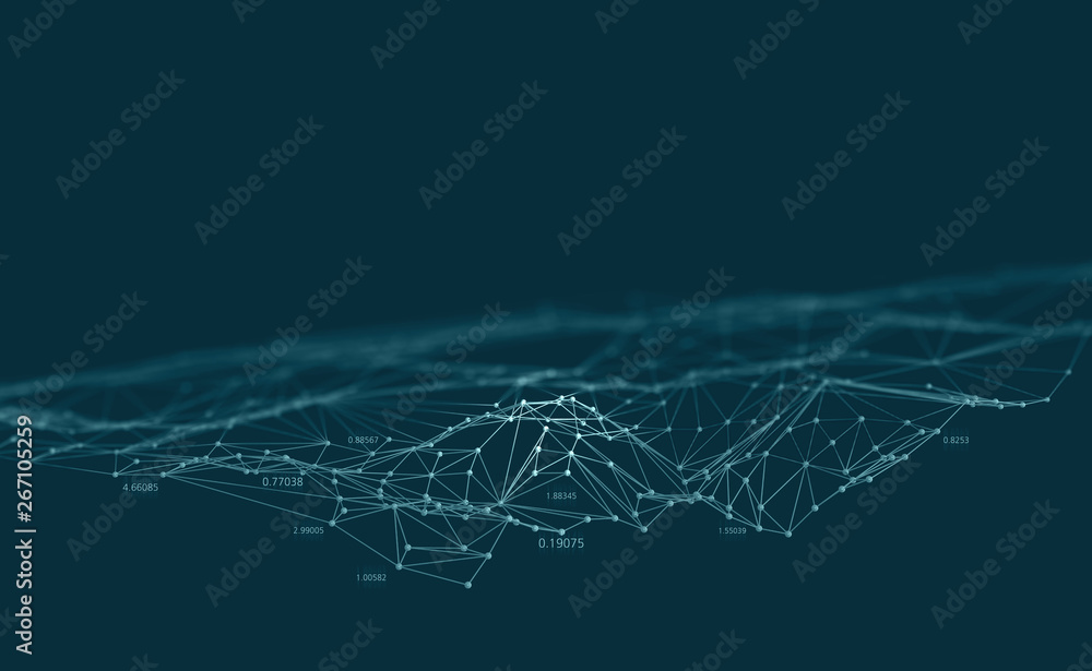 Aufkleber Big data. Neural network and artificial intelligence 3D illustration. Polygonal mesh with shallow depth of field effect on a dark background.