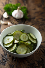Homemade pickled cucumbers with garlic