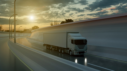 Truck driving on a highway at sunset backlit by a bright orange sunburst under an ominous cloudy sky. Transports, logistics concept. 3d rendering