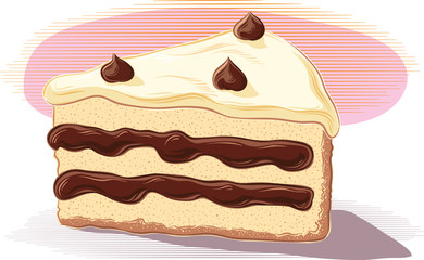A slice of cake, with cream and chocolate chips, on a vector plane.