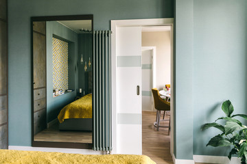 Bright colourful modern bedroom interior. Scandinavian style mix, clear space for your rest