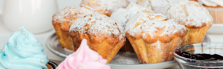 panoramic shot of muffins decorated with powdered sugar on plate