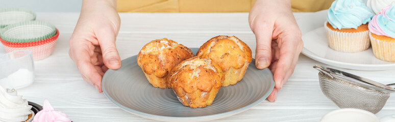 panoramic shot of woman holding plate with muffins on table