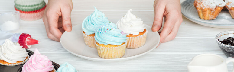 panoramic shot of woman holding plate with of delicious cupcakes on wooden table
