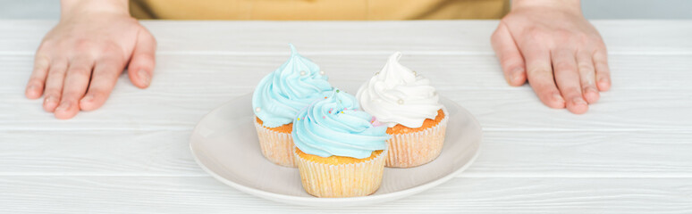 panoramic shot of woman near plate with delicious cupcakes on white table